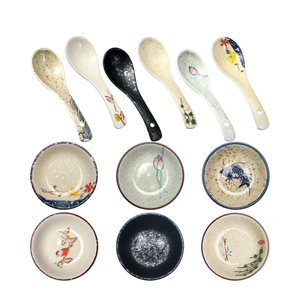 Tioncy Set of 12 Japanese Retro Style Tableware Soy Sauce Dish Set 6 Pcs Asian Soup Spoons 6 Pcs Ramen Appetizer Plates 3.8 Inch Japanese Rice Spoon for Sushi Sauce Snack