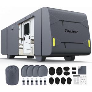 Fonzier Class A RV Cover 31-34ft, 7 Layer Top Heavy Duty Camper Cover, Extra-Thick Waterproof Windproof Anti-UV Rip-Stop Class A Motorhome Cover with 2Pcs Extra Straps, 6 Gutter Covers & 4 Tire Covers