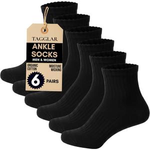 Ankle Socks for Men & Women – 78% Organic Cotton, Moisture Wicking, Arch Support,Cushioned Athletic Comfort (6 Pairs) (Black, S)