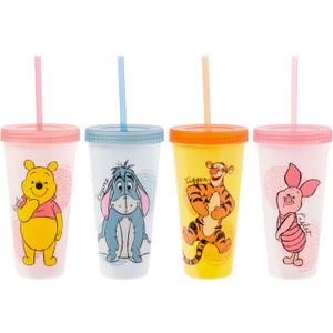 Silver Buffalo Disney Winnie the Pooh 4 Pack Color Changing Plastic Tumblers Featuring Eeyore, Winnie the Pooh, Tigger, and Piglet, 24 Ounces