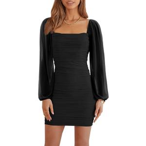 Women's Mesh Long Sleeve Dress Square Neck Ruched Mini Bodycon Dress Stretch Party Cocktail Dresses (Black, S)