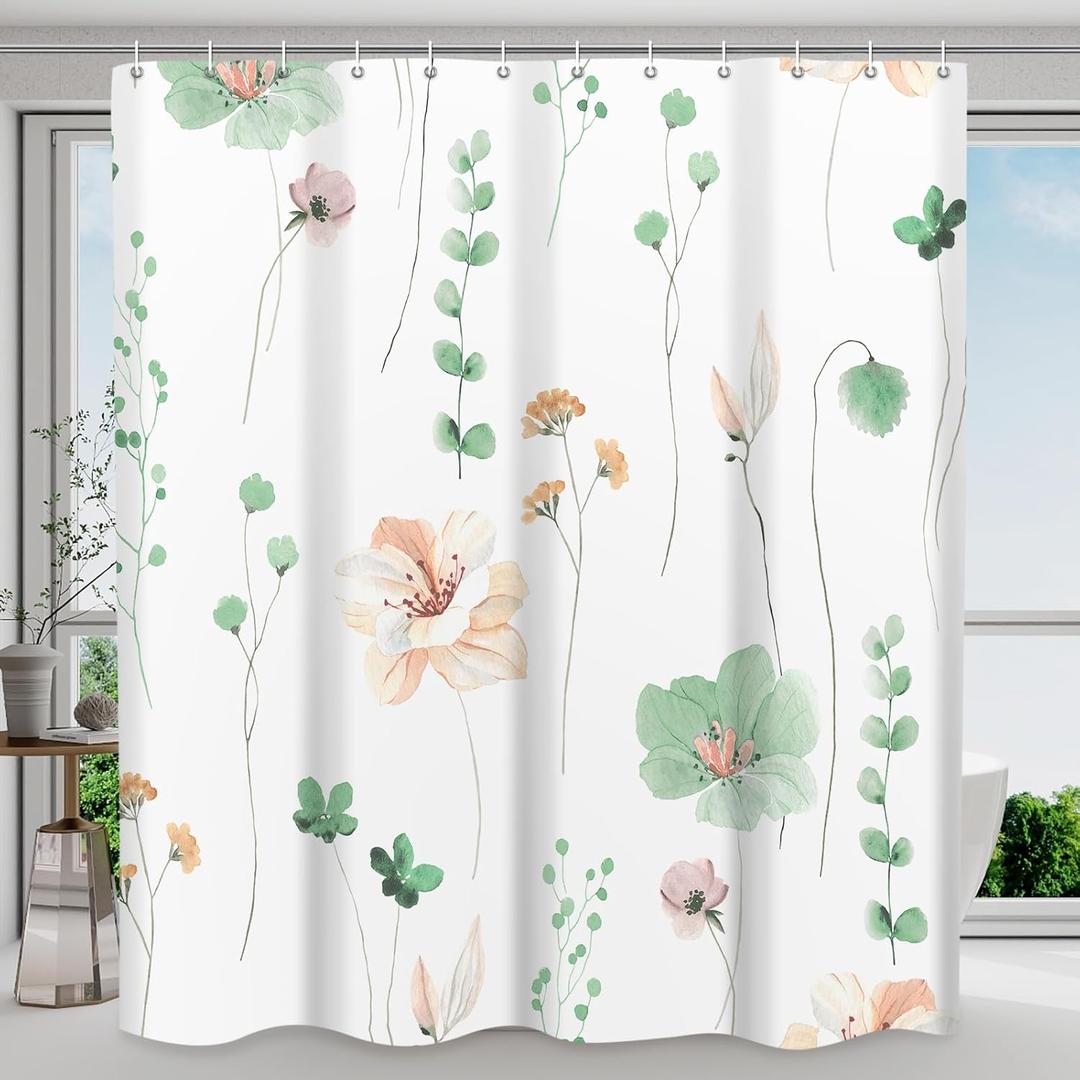 WITHLOC Waterproof Shower Curtain Set with Hooks - Watercolor Sage Green Floral Plant Shower Curtains for Bathroom, 72 x 72