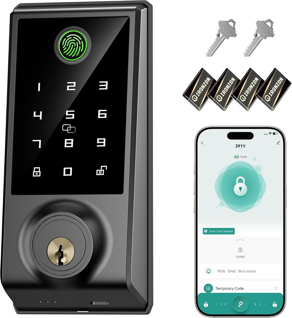 IRONZON Smart Door Lock, 5-in-1 Keypad Deadbolt for Front Door, Keyless Entry Door Lock with App Control, Auto-Lock, Anti-Peeping Password, 4 IC Cards, 15-Min Installation, Black