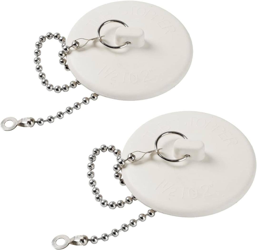 2 Packs Tub Stopper, Rubber Bathtub Stoppers Drain Plug with 15" Stainless Steel Beaded Chain, Premium Bathroom Plug Fit for 1.5" to 2" Kitchen Sink, Bathroom Bath tub, Drain Stopper, White