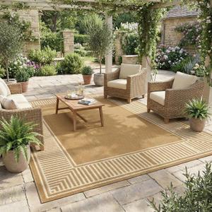 GAOMON Outdoor Patio Rug 8x10 Reversible Camping Mat, Stain-Resistant Plastic Straw Rug, Easy to Clean, Waterproof Indoor Outdoor Carpet for Porch, Deck, Balcony, Beach, GardenBorder-Beige