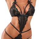 Kolagri Sexy Crotchless Lingerie for Women Naughty One Piece Deep V Lace Bodysuit Cut Out Teddy Babydoll Nightgown XL