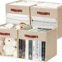 Storage Cube Organizer with Clear Window, Linen Collapsible Storage Boxes with PU Handles, Cube Storage Bins for Shelf, Closet, Cabinet, Bookcase (13x13x13, Khaki)