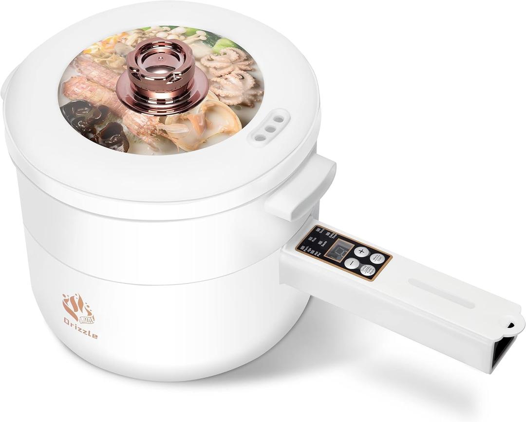 Drizzle Electric Hot Pot Cooker Steamer 1.8L Multifunctional Nonstick Pan Dormitory Office Portable Ramen Cooker Steamer Boil Dry Protection Suitable For Noodles Steak Cooker Eggs StirFrying (White)