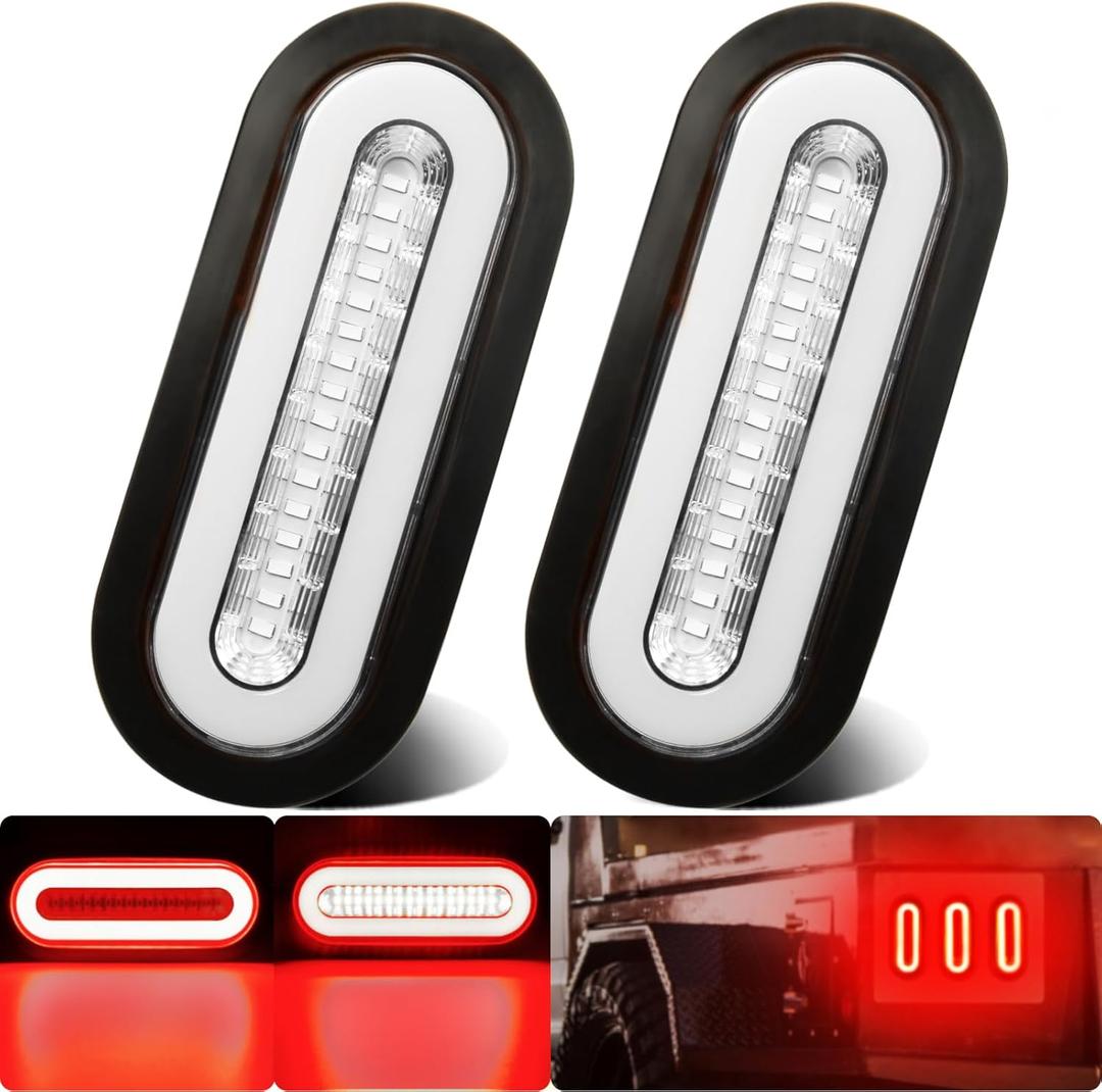 2Pcs 6" inch Clear Lens Oval Red 52 LEDs Trailer Boat Halo Brake Stop Running Turn Signal Tail LightsPatented w/Rubber Grommet, Sealed Submersible IP67 for Truck/RV/Van, DC 12V