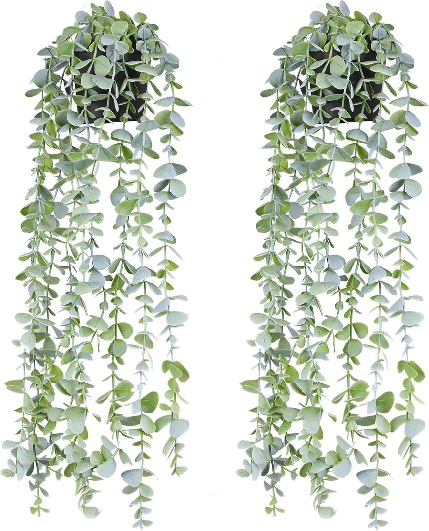 Fake Hanging Plants Eucalyptus Potted Artificial Plant Small Faux Ivy Vines Decor for Floating Shelf Kitchen Bathroom Cabinets Indoor Outdoor Pack of 2 23.6 Inches Long