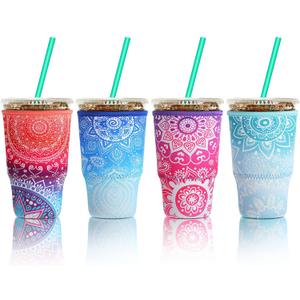 Patelai 4 Pieces Reusable Iced Coffee Sleeve Cup Insulator for Cold Drinks Beverages and Holder for Most Coffee(30-32 oz Large,Flower Style)