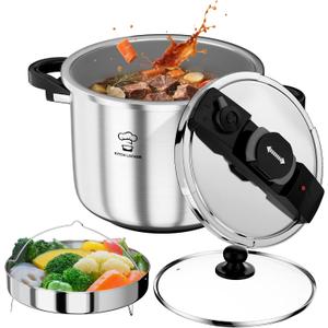 Pressure Cooker Stainless Steel 6.3 Quart,Olla De Presion For 2-3 People[Glass Lid & Steamer Rack Included][Press To Open][Compatible With Induction And Gas Stovetops]