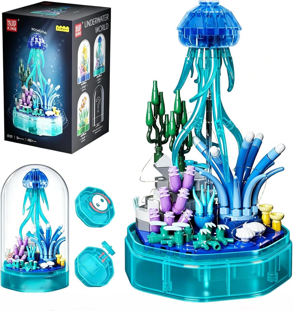 Sea Creature Collections Jellyfish Building Sets with Seaweed and Coral, 10101 Sea Animal Building Kits for Adults and Kid Boys Girls 8 9 10, 405 PCS Natural Style Ocean STEM Toy Music Box with Lights