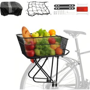 YEEGO DIRECT Rear Bike Rack with Basket, Adjustable Detachable Bike Basket Rear, Bike Cargo Rack with 26L Waterproof Cover & Cargo Net and for 24" - 27.5" and 700c Bikes