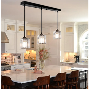 3-Lights Black Hanging Ceiling Light Mini Chandelier，Adjustable Farmhouse Pendant Ceiling Lights Fixtures, Crystal Hanging Lamps for Kitchen Island, Dining Room, Hallway, Black Metal Hanging Lights
 Color: 19.7"x2"-3 lights crystal chandelier