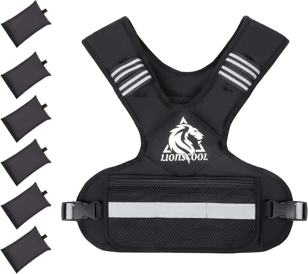 LIONSCOOL Weighted Vest for Men and Women, 4-10LB Adjustable Body Weight Vest with 6 Ironsand Weights & Reflective Stripes for Weight loss, Walking, Running, Cardio and Strength Training