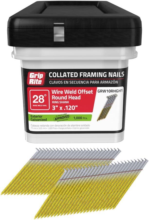 Grip Rite Prime Guard GRW10RHGH1 28 degree Wire Weld Offset Round Head Exterior Galvanized Collated Framing Nails, 3" x 0.120"