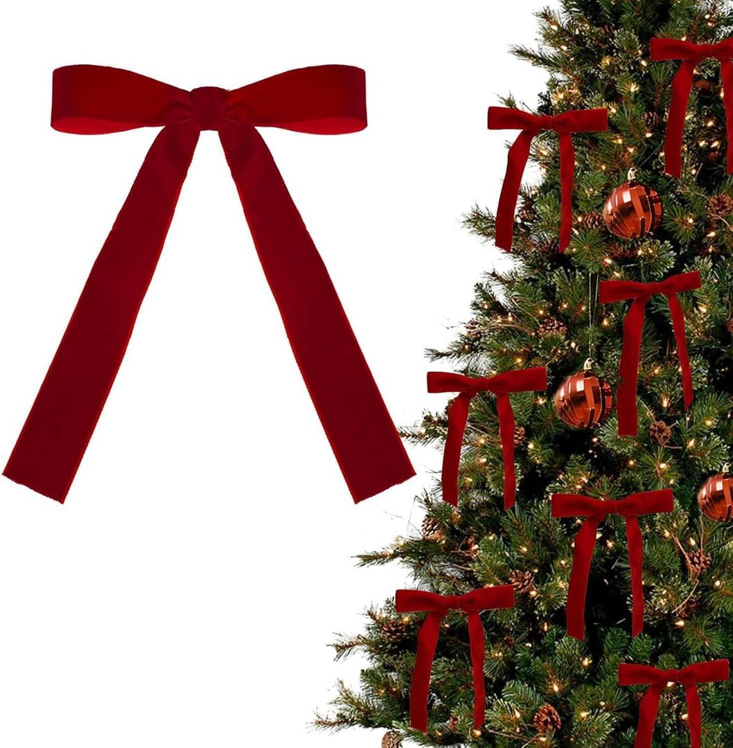 24 Pcs Red Vintage Velvet Christmas Bows Ornaments - Luxury Velvet Ribbon Bows for Christmas Tree Decor, Xmas Home Decoration (Red)
