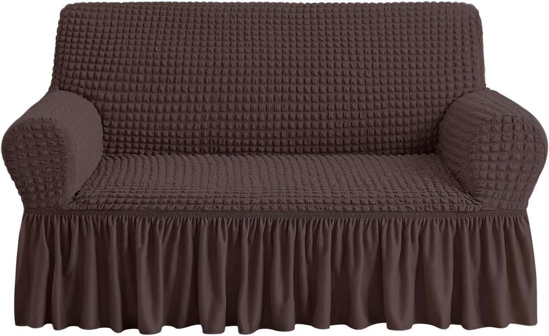 NICEEC Loveseat Slipcover Brown Loveseat Cover 1 Piece Easy Fitted Sofa Couch Cover Universal High Stretch Durable Furniture Protector Love Seat with Skirt Country Style (2 Seater Chocolate Brown)