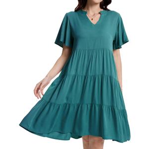 Womens Casual Tiered Swing Midi Dress Ruffle Sleeve V Neck A Line Petite Summer Dresses with Pockets (Deep-green)