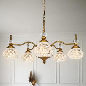 Montex Vintage Brass Pendant Light,Gold Vintage Chandelier Light Fixture 5 Lights,Include 6 Light Bulbs Glass Pendant Light Crystal Hanging Light (Large)