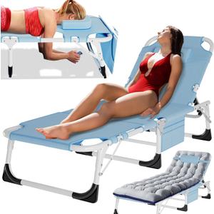 MOPHOTO Tanning Lounge Chair 5-Position, Outdoor Sunbathing Chairs Folding Chaise Lounge, Sun Tanning Lounger with Face Hole, Perfect for Pool Beach Patio Sunbathing (Aegean)