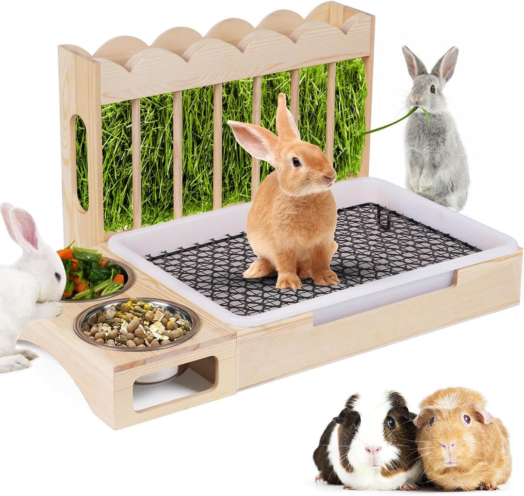 Upgraded 3-in-1 Rabbit Hay Feeder with Litter Box, Sturdy Wooden Hay Feeder Set for Guinea Pigs, Chinchillas, Hamsters, Ferret, Rabbits and Other Small Animal
