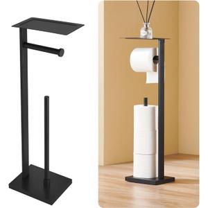 Freestanding Toilet Paper Holder Stand – Stainless Steel Bathroom Tissue Holder with Storage Tray & Roll Organizer, Square Design (Matte Black)