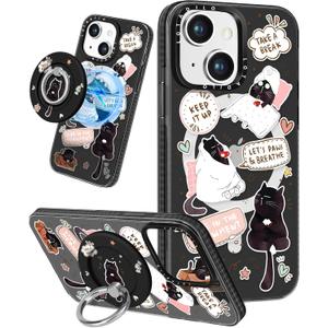 for iPhone 15 Case for Women - Girls Kawaii Design Compatible with Magsafe Magnetic Ring Holder Stand Black Cat Phone Covers Aesthetic Girly TPU Funda for 15