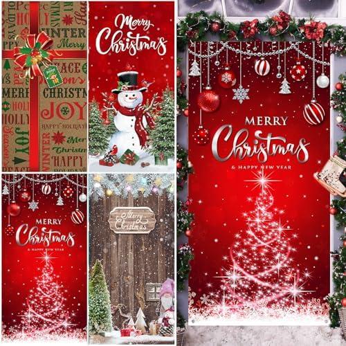 Tranqun 4 Pcs Christmas Door Cover Decorations 71 x 35 mas Front Door Backdrop Banner Merry Christmas Hanging Cover Xmas Snowflake Gift Box Bow Knot Photography for Indoor Outdoor Party(Tree)
