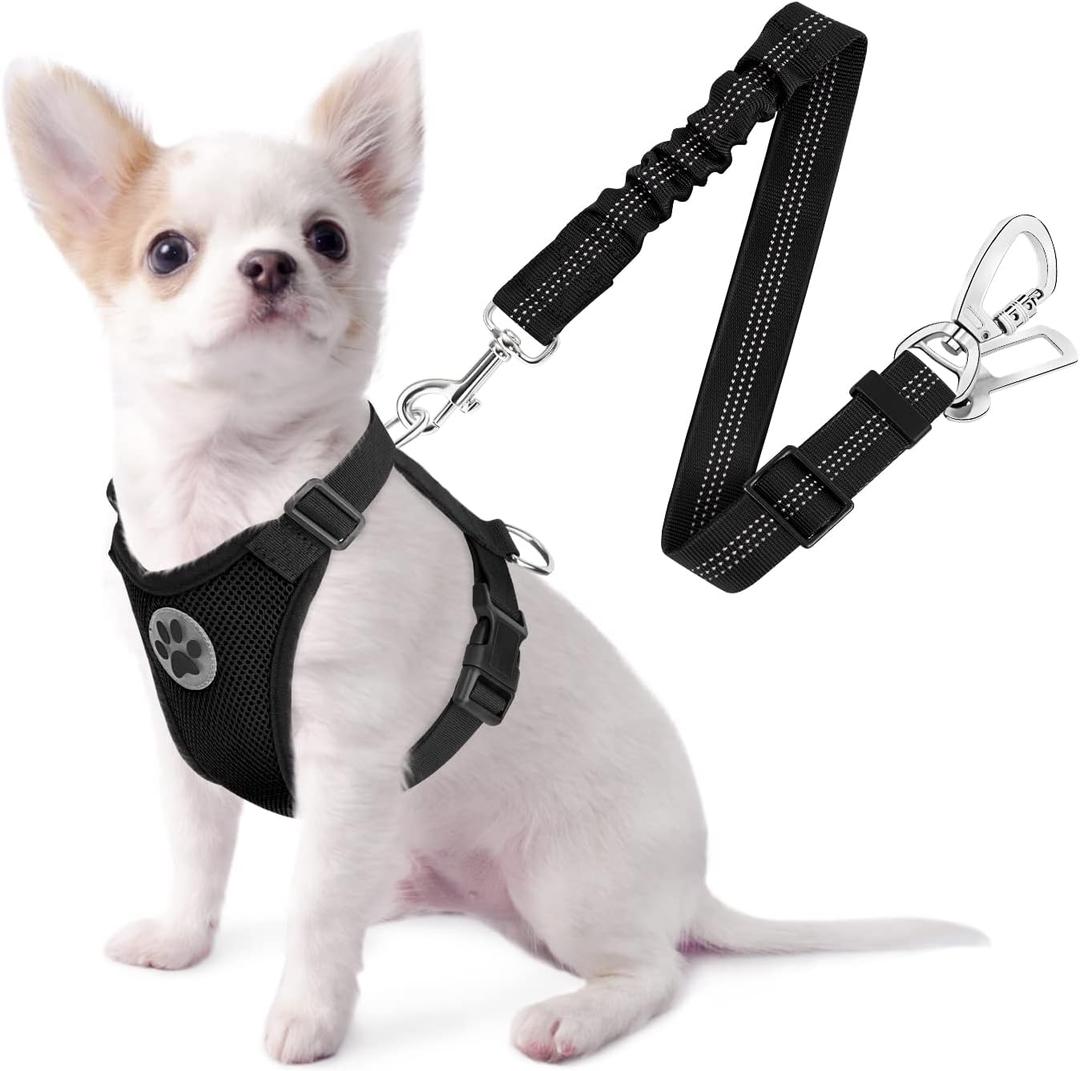 SlowTon Dog Seat Belt Harness for Car, Dog Car Harness Adjustable Mesh Breathable & Dog Seatbelt Safety Tether with Elastic Bungee for Small Medium Large Pets(Black, Double Clip, XXS)