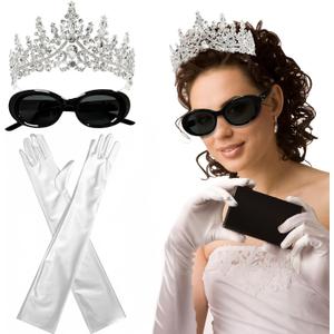 Halloween Princess Costume Accessories for Women,Princess Tiara Crowns Headband Long Gloves Sunglasses for Dress Up Bachelorette Party Favors Black