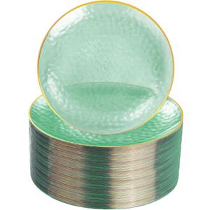 Rubtlamp 100 Pcs Clear Green Plastic Plates, Gold Hammered Plastic Salad Platos, Green Disposable Platos With Gold Rim,7 Inch Dessert Platos Disposable, Dessert Appetizer Platos