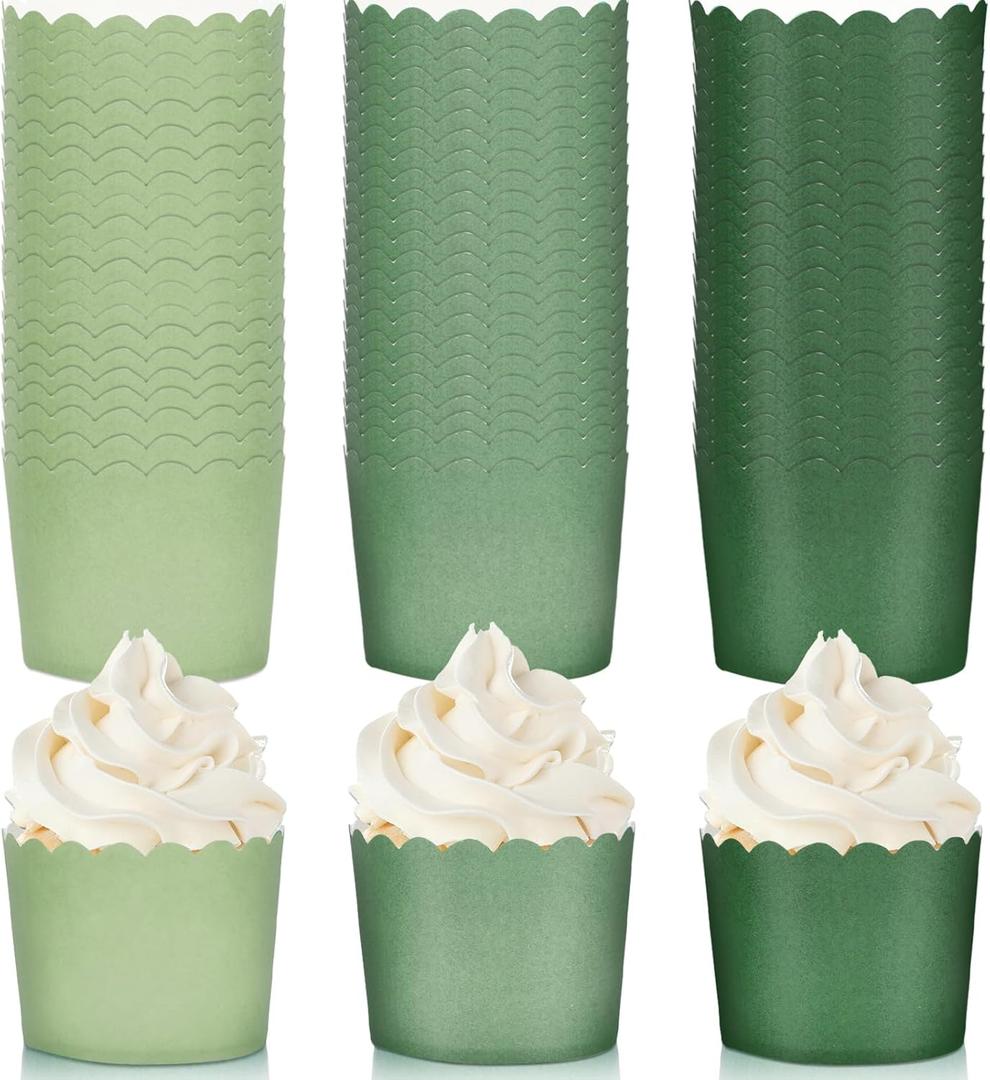 Whaline 120Pcs Sage Green Paper Baking Cups Scalloped Edge Cupcake Wrappers Gradient Green Cupcake Muffin Cases for Wedding Birthday Baby Shower, 3 Colors