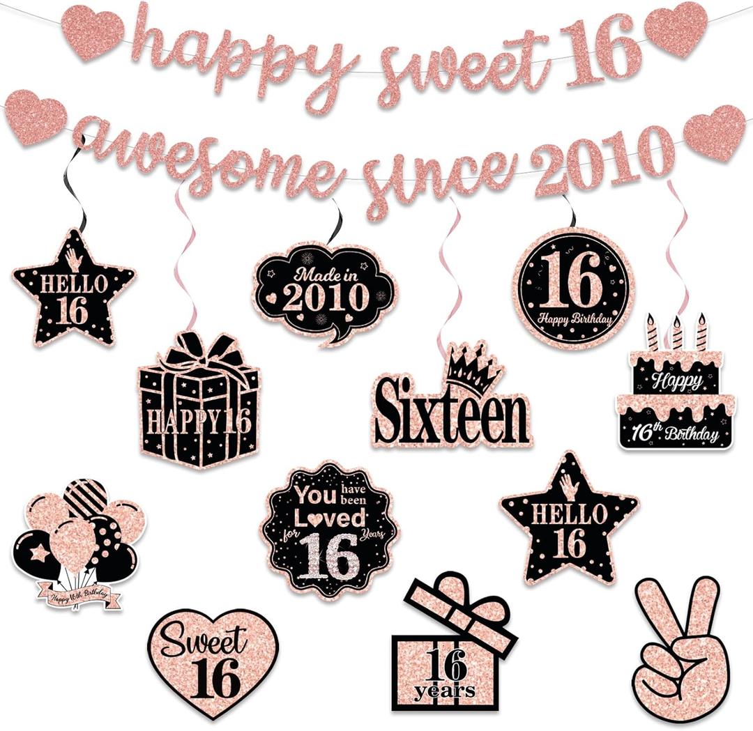 Pre-Strung Sweet 16 Party Banner Decorations, Happy 16th Birthday Decorations for Girls, Rose Gold Awesome Since 2010 Sixteen Years Bday Party Supplies Decor