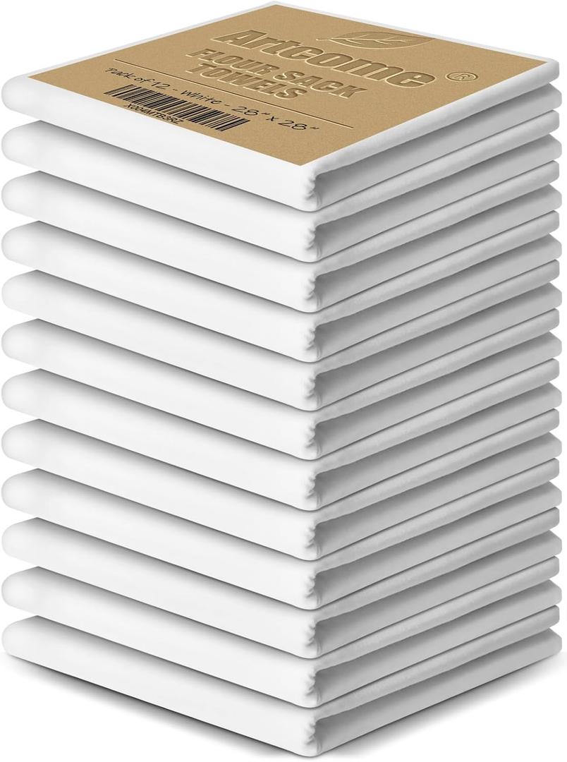 Artcome Flour Sack Towels - 100% Cotton, 12 Pack - Ultra Absorbent & Lint-Free Kitchen Dish Towels - Machine Washable & Durable Cleaning Cloths for Cooking, Baking, Craft & Household Use, 28"x28"