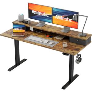 Agilestic 55 x 24 Inches Height Adjustable Electric Standing Desk with 2 Drawers, Stand Up Electric Desk Adjustable Height, Sit Stand Computer Gaming Table with Splice Board, Rustic Brown