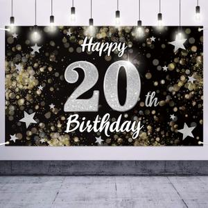 Happy 20th Birthday Decorations,20th Black & Silver Dream Star Large Birthday Banner Backdrop Sign - Cheers to Twenty Years Old Bday Party Decoration.