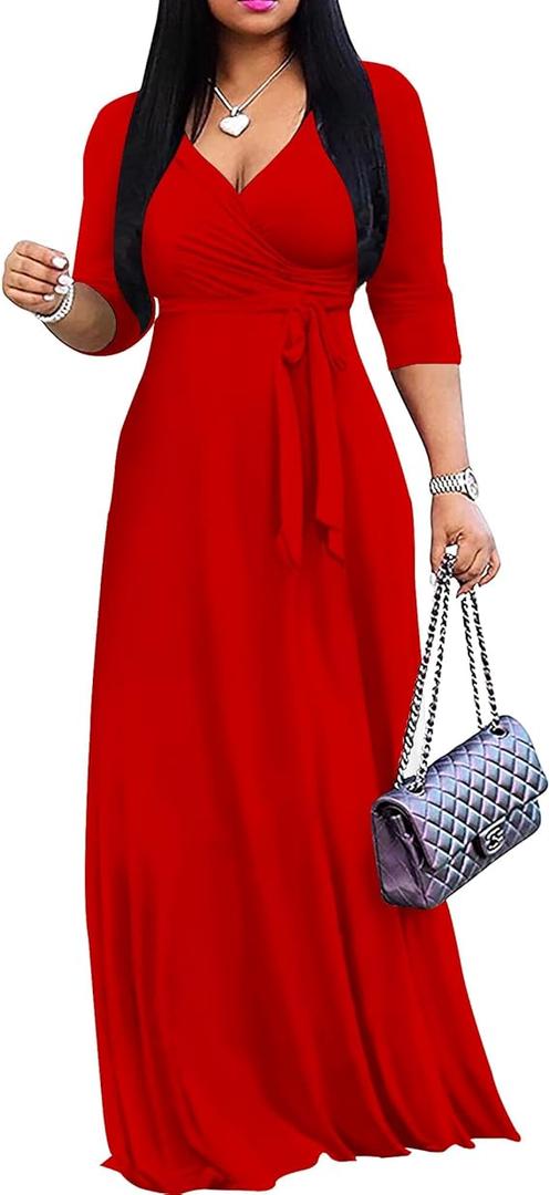 Mrskoala Women Plus Size Long Maxi Wrap Dresses Summer Sundress V-Neck 3/4 Sleeve, M