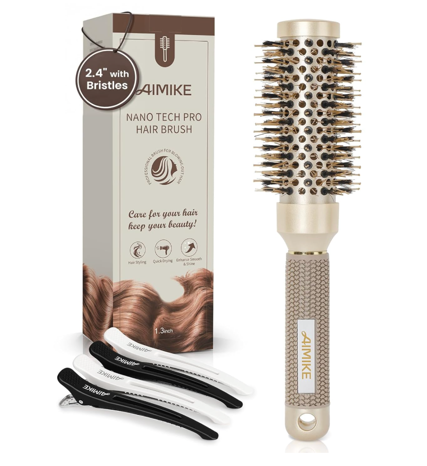 AIMIKE Round Brush for Blow Out, Small Round Hair Brush Nano Thermal Ceramic & Ionic Tech, for Blow Drying & Styling, Curling and Shine  2.4 inch Barrel w/Boar Bristles