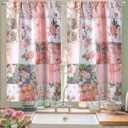 2 Pcs Floral Kitchen Curtain Vintage Pink Flower Window Curtains Over Sink Decor Mid Centurl Retro Farmhouse Patchwork Floral Small Window Cafe Short Curtains for Bathroom 27.5x39 Inch
