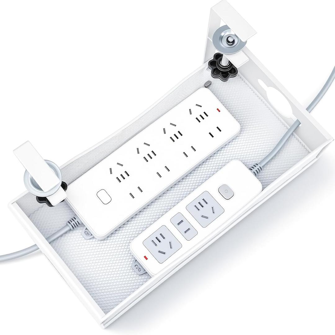 Extra Wide Under Desk Cable Management - 7inch No Drill Installation Cable Management Tray, Clamp/Screw Mount Desk Cable Management, Cable Management Tray for Office, Home((White, XL)