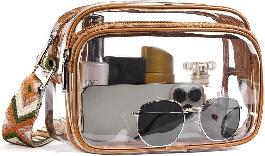 BOSTANTEN Clear Bag for Women Stadium Approved Clear Bags Small Crossbody Purse Trendy for Concerts Sports Events (Z04-brown)