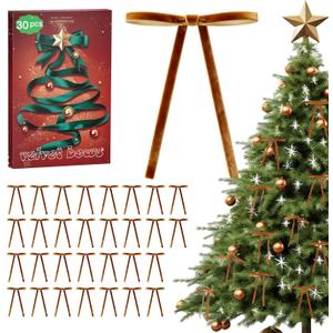 Camel Velvet Bows for Christmas Tree - 30Pcs Vintage Ribbon Bows for Tree Decorations, 3/ 8" Small Bows for Garland, Wreath, Fireplace, Door, Gift Wrapping, Holiday Decor (5 x 7 Inch)