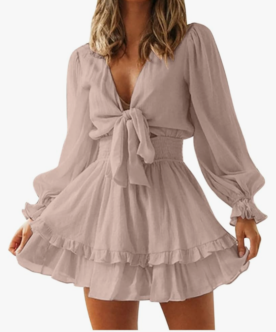 XUNRYAN Women Summer Twist Front Sexy Cutout Casual Dress 2022 V Neck Long Sleeve Dress Ruffle Swing Blouse Mini Dresses Size M Beige