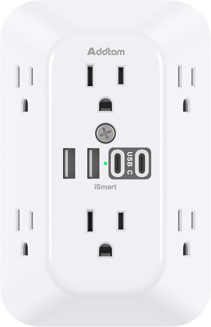 Addtam Surge Protector Outlet Extender, 6-Outlet Splitter with 4 USB Wall Charger(2 USB-C Ports), Multi Plug Wall Outlet 1800J Power Strip for Home Office Dorm Room Essentials (NO PD, White)