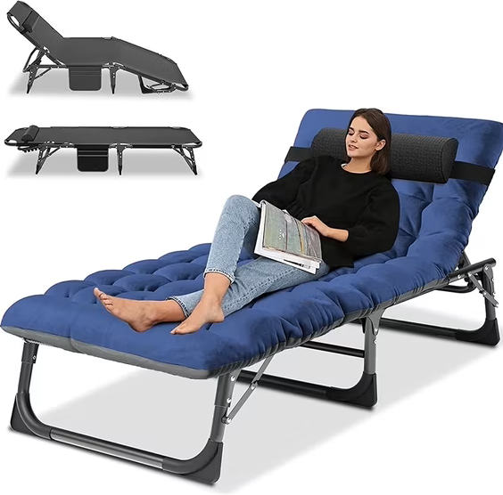 Slsy Folding Lounge Chair, 5-Position Adjustable Outdoor Reclining Chair, Folding Sleeping Bed Cot, Folding Chaise Lounge Chair for Pool Beach Patio Sunbathing, Navy Blue