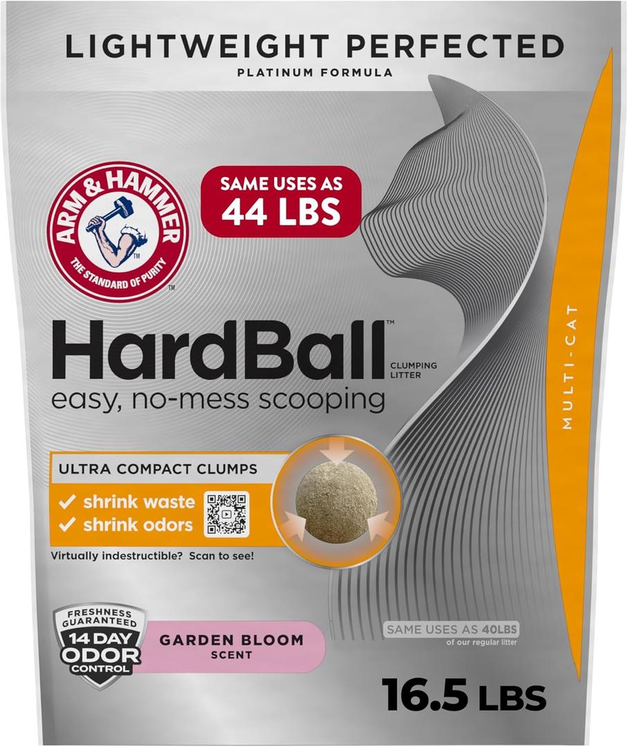 ARM & HAMMER Hardball Lightweight Platinum Multi-Cat Clumping Litter, Easy No-Mess Scooping, Garden Bloom Scent, 16.5 lbs