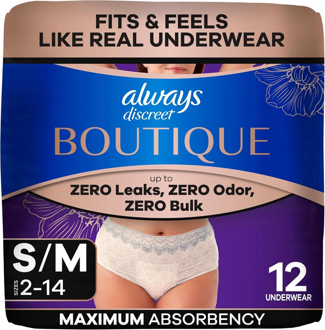 Always Discreet Boutique Incontinence and Postpartum Underwear for Women, Maximum Protection, Small/Medium, Rosy, 12 Count