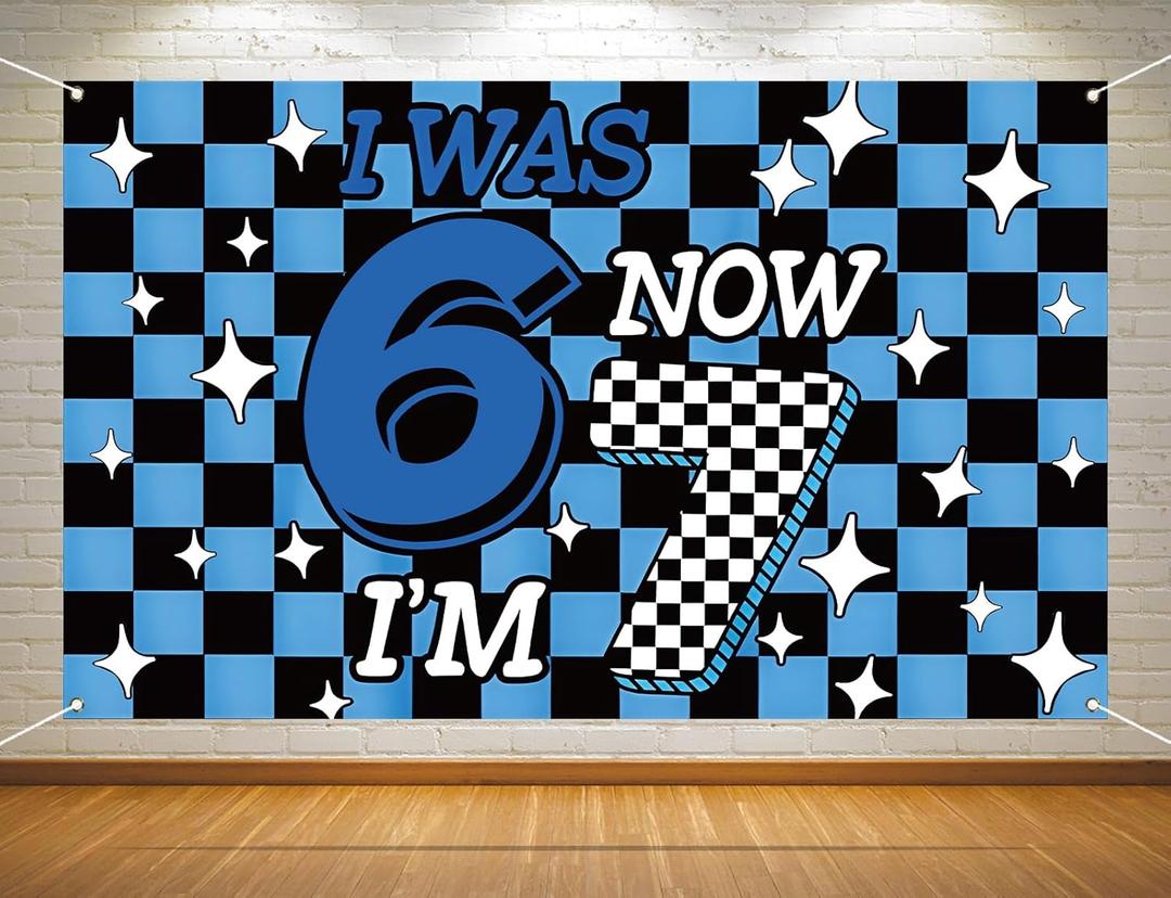 6 7 Birthday Party Decoration Blue Checkered I was 6 Now I'm 7 Photo Booth Backdrop Boy School Classroom Background Banner Wall Decor (Blue Checkered, 3.65.9ft)
